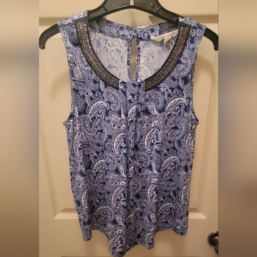 Blue Embellished Cut Out Tank Top